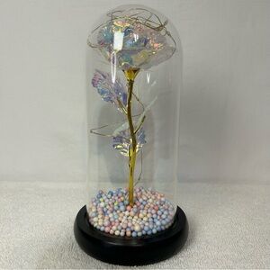 Iridescent Rose in Glass Dome with Gold Stem & Pastel Balls